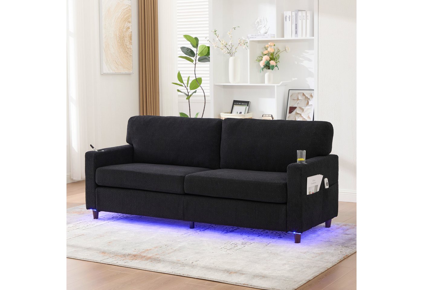 MODFU Sofa mit USB-C-Ladeanschluss, LED-Ambientebeleuchtung, Zweisitzer-Loungesofa aus weicher Chenille, mit Getränkehaltern und Aufbewahrungstaschen MODFU Sofa mit USB-C-Ladeanschluss, LED-Ambientebeleuchtung, Zweisitzer-Loungesofa aus weicher Chenille, mit Getränkehaltern und Aufbewahrungstaschen von MODFU