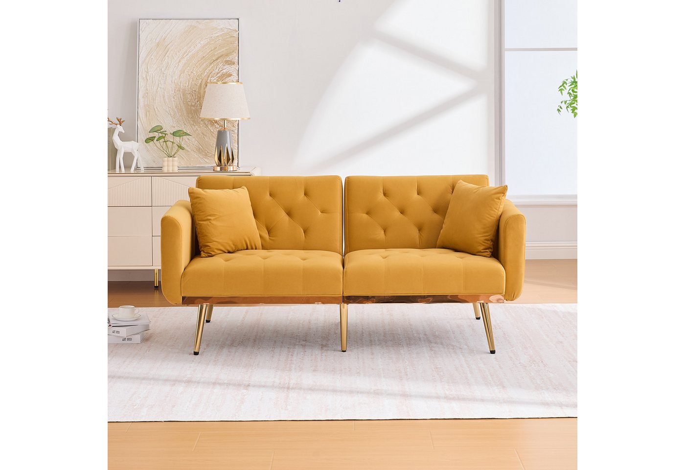MODFU Sofa mit verstellbarer Rückenlehne und Metallbeinen, Zweisitzer-Loungesofa aus Samt, Schlafsofa mit Kissen von MODFU