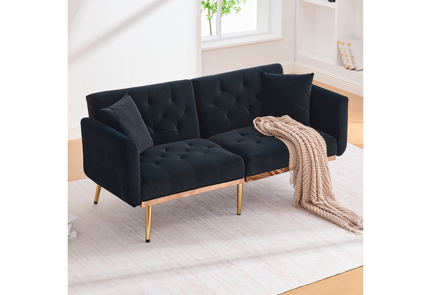 MODFU Sofa mit verstellbarer Rückenlehne und Metallbeinen, Zweisitzer-Loungesofa aus Samt, Schlafsofa mit Kissen von MODFU