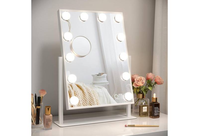 MODFU Spiegel LED Hollywood Tischspiegel Vanity Spiegel mit Beleuchtung (360° Drehbar mit 10x Vergrößerung Touch-Steurung Weiß 30x41 cm, 12 dimmbare LED, mit 3 einstellbaren Lichtfarben, Makeup Beleuchtung), für Schlafzimmer Ankleidezimmer Kosmetikstudio Schönheitssalon usw von MODFU