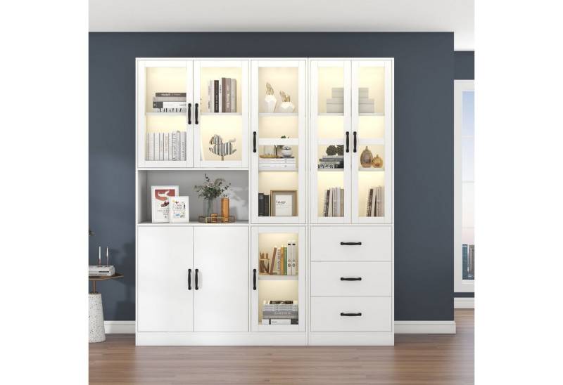 MODFU Standvitrine Modernes weißes Kombivitrinen-Set (Buffet Hochschrank, 200 cm hoch und 180 cm lang, weiße Standvitrine mit LED-Beleuchtung) von MODFU