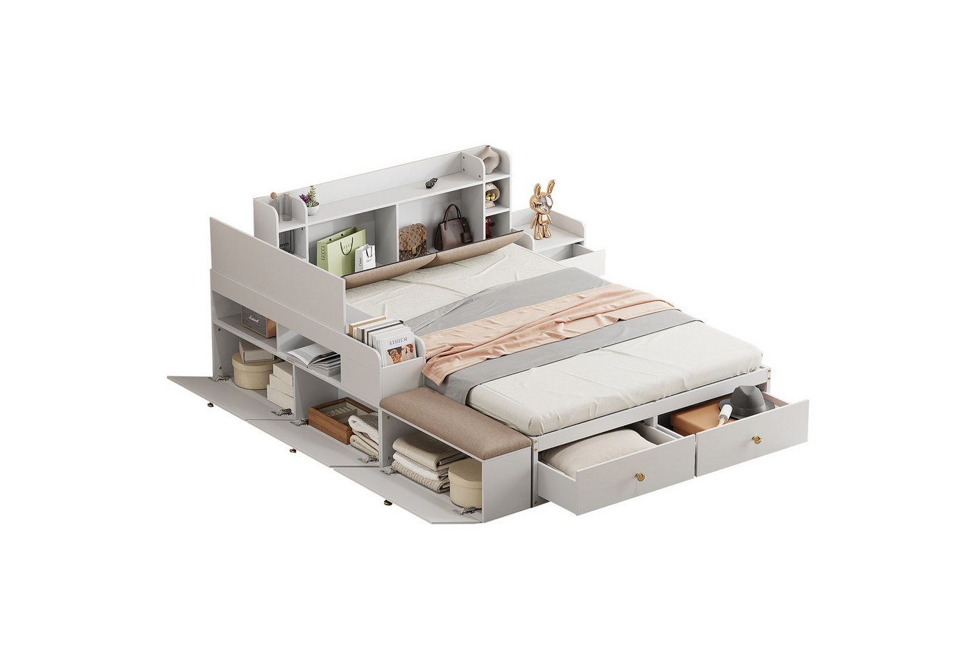 MODFU Stauraumbett Doppelbett, Massivholz-Kombi-Bett 140x200cm (Kopfteil mit eingebautem Staufach, mit Schubladen, mit Nachttisch, Tatamibett mit Stauraum-Langschrank, mit Sofabank), ohne Matratze von MODFU