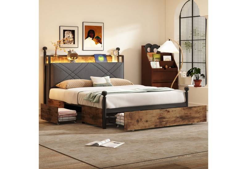 MODFU Stauraumbett Himmelbett mit LED, USB-C & Stauraum (Kinderbett Eisenbett mit Schubladen, Polsterbett 140x190 cm), ohne Matratze von MODFU