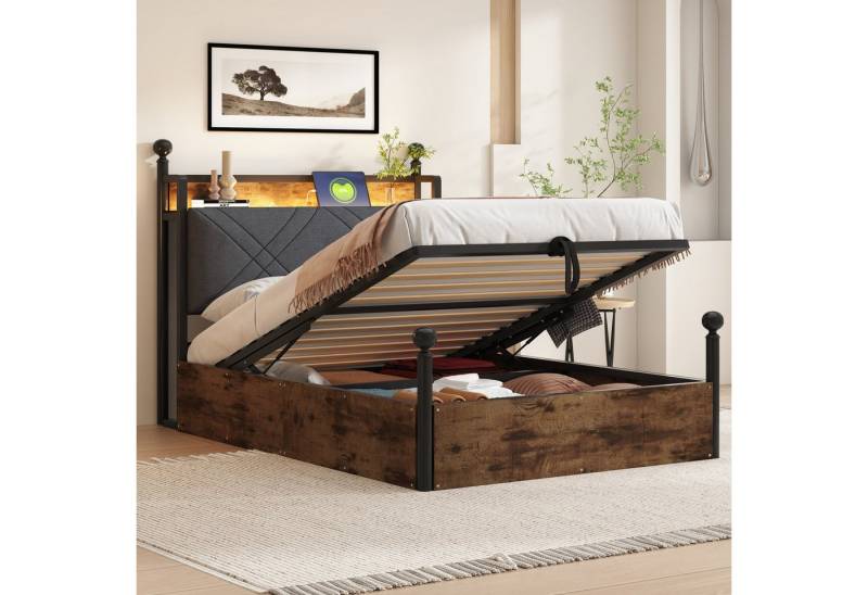 MODFU Stauraumbett Himmelbett mit LED, USB-C & Stauraum (Kinderbett Eisenbett mit Schubladen, Polsterbett 90x190 cm), ohne Matratze von MODFU