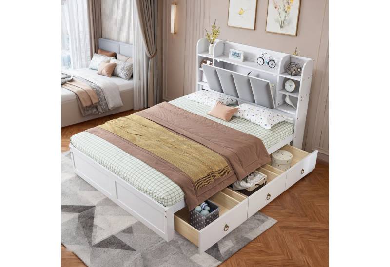 MODFU Stauraumbett mit Offenes Regal & Schubladen mit Rollen (Doppelbett mit Kiefer + MDF + Velvet, Funktionsbett 140x200 cm), ohne Matratze von MODFU