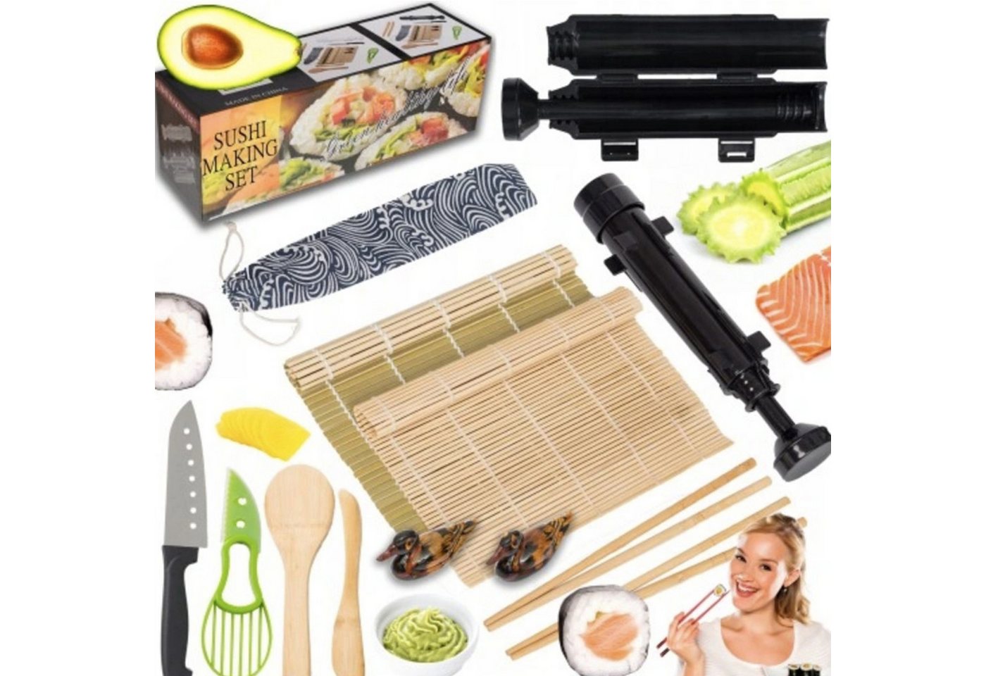 MODFU Sushi-Roller 12-teilig Sushi Komplettset mit Sushi-Bazooka, (DIY Sushikit mit Sushi-Roller Sushi-Messer Holzlöffeln usw. 12-tlg), für Zuhause Anfänger Profis von MODFU