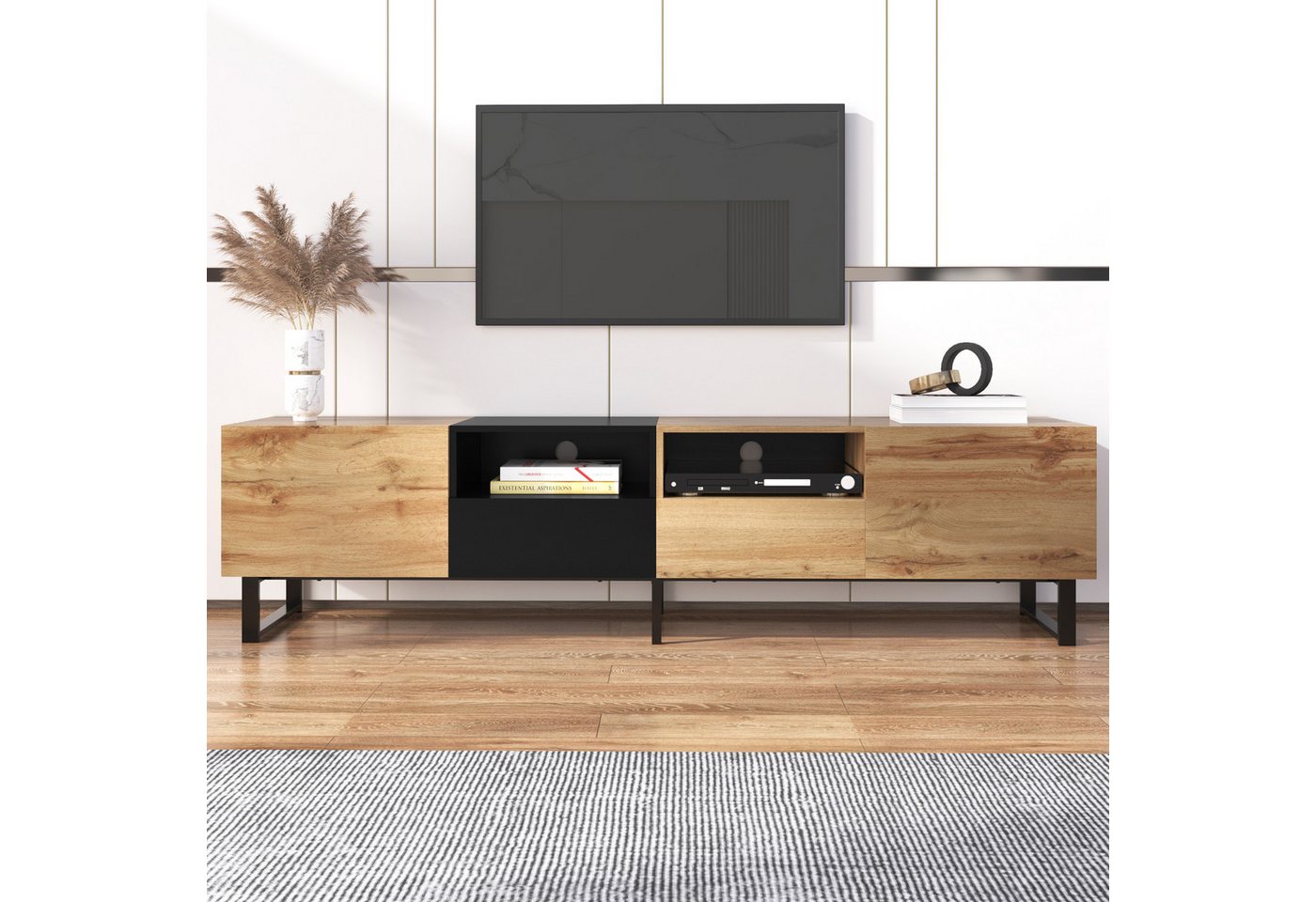 MODFU TV-Schrank Lowboard (geräumiger Stauraum, robuste Konstruktion) mit schwarzem und holzfarbenem Design, 190 cm x 38 cm x 48 cm von MODFU