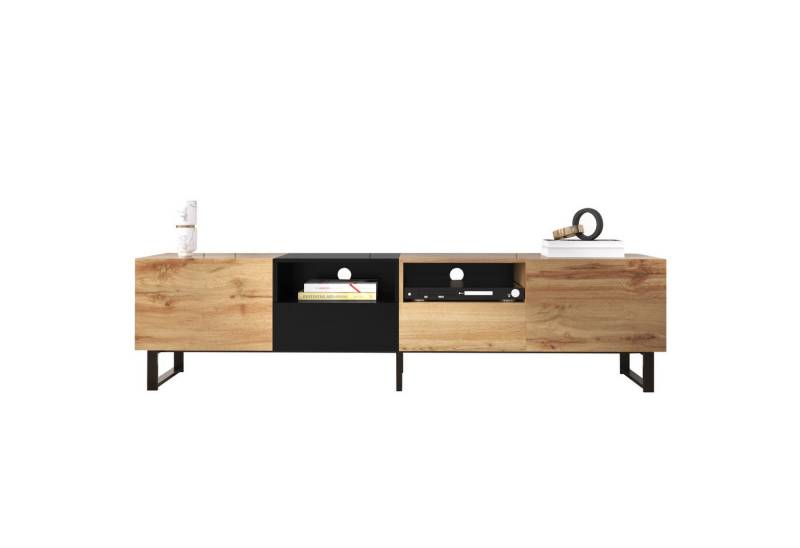 MODFU TV-Schrank Lowboard (geräumiger Stauraum, robuste Konstruktion) mit schwarzem und holzfarbenem Design,190 cm x 38 cm x 48 cm von MODFU
