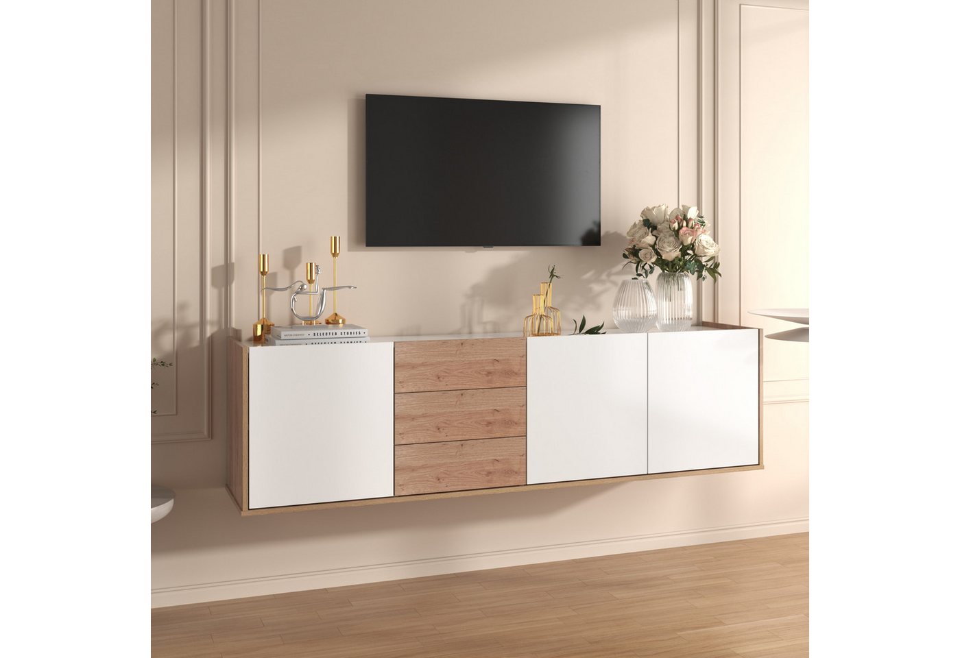 MODFU TV-Schrank Lowboard Fernsehtisch (mit 3 Schubladen und 3 Türen) mit Paneel in Weiß und Holzfarben,TV-Board freistehend/hängend von MODFU