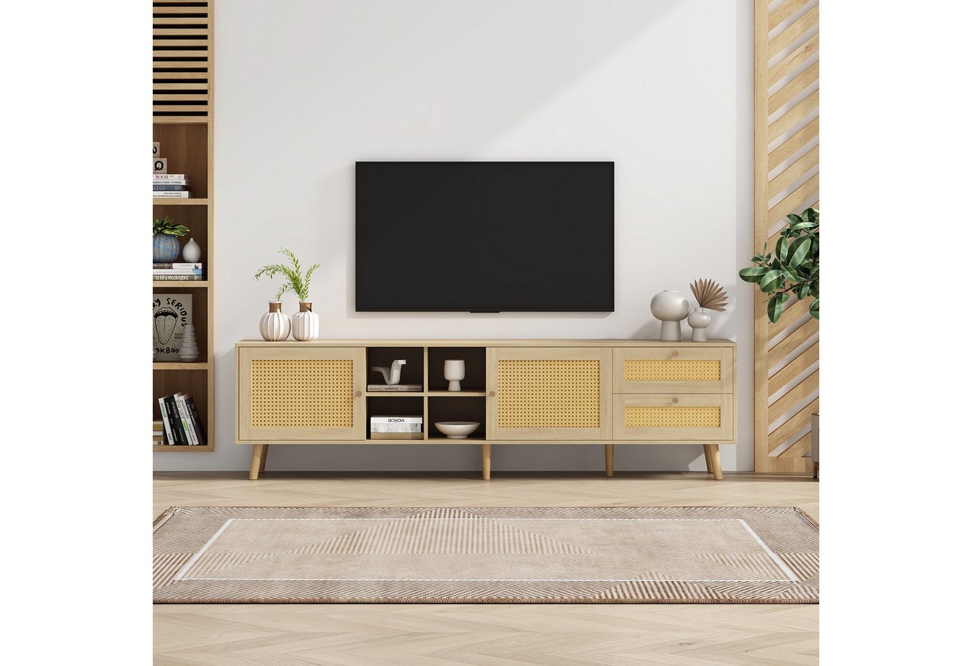 MODFU TV-Schrank Lowboard Fernsehtisch Landhaus (2 Rattan-Türen, 2 Rattan-Schubladen) aus Holz und Rattan, 180*40*55 cm, passend für 80 Zoll TV-Gerät von MODFU