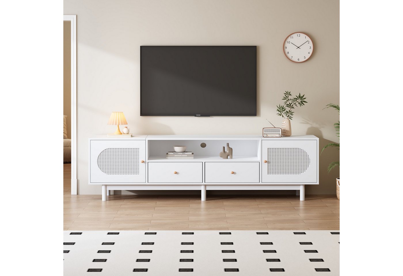 MODFU TV-Schrank Lowboard TV-Unterschrank (2 Türen, 2 Schubladen,für 80-Zoll-Fernseher) aus weißem Rattan, 180*40*56 cm von MODFU