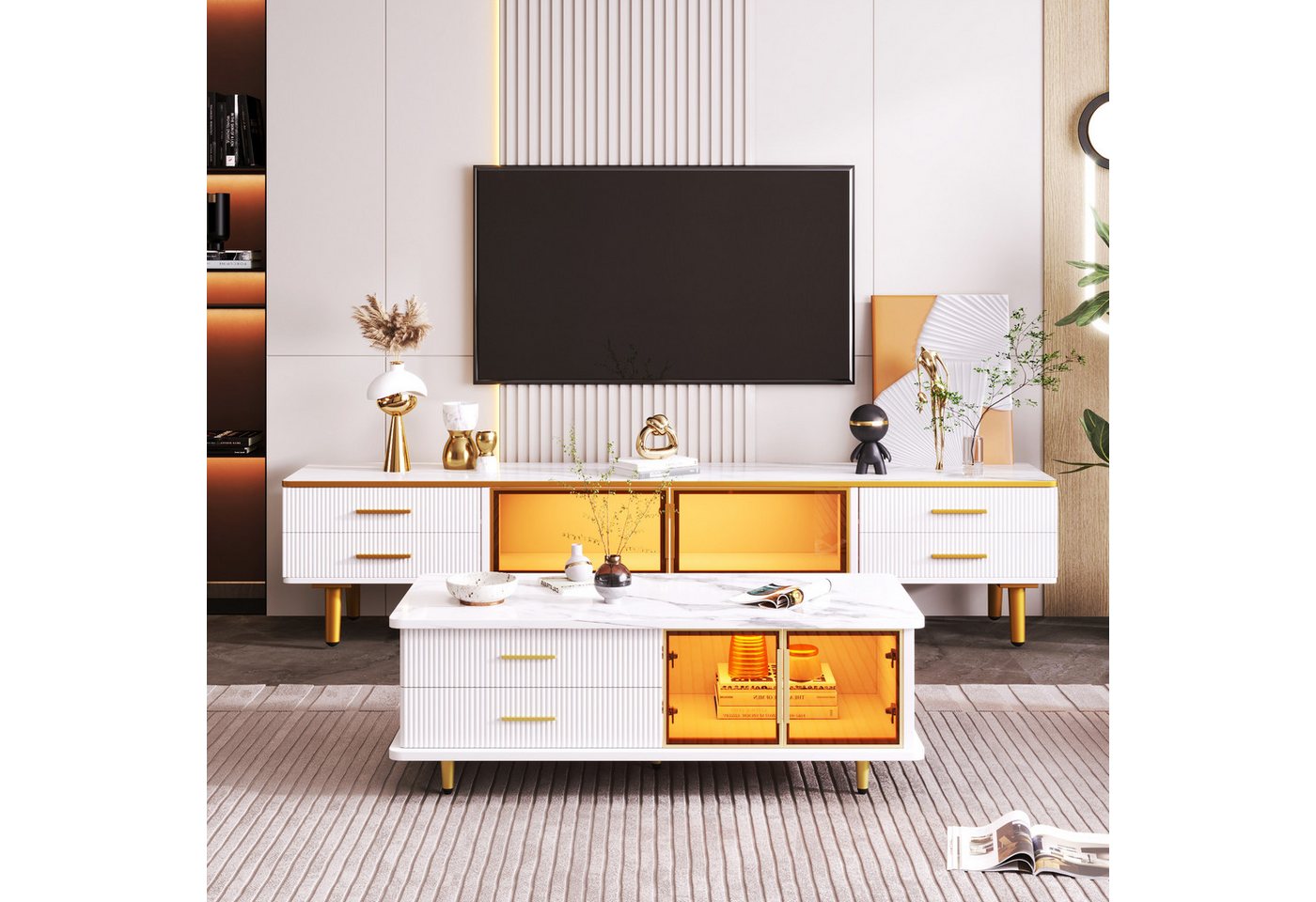 MODFU TV-Schrank Lowboard mit LED-Beleuchtung inkl. (Fernsehschrank TV-Lowboard Sideboard Beistellschrank modern, mit 4 Strukturierte Schubladen 4 Füßen) mit Goldenen Griffen und zwei Braune Türen aus Gehärtetem Glas von MODFU