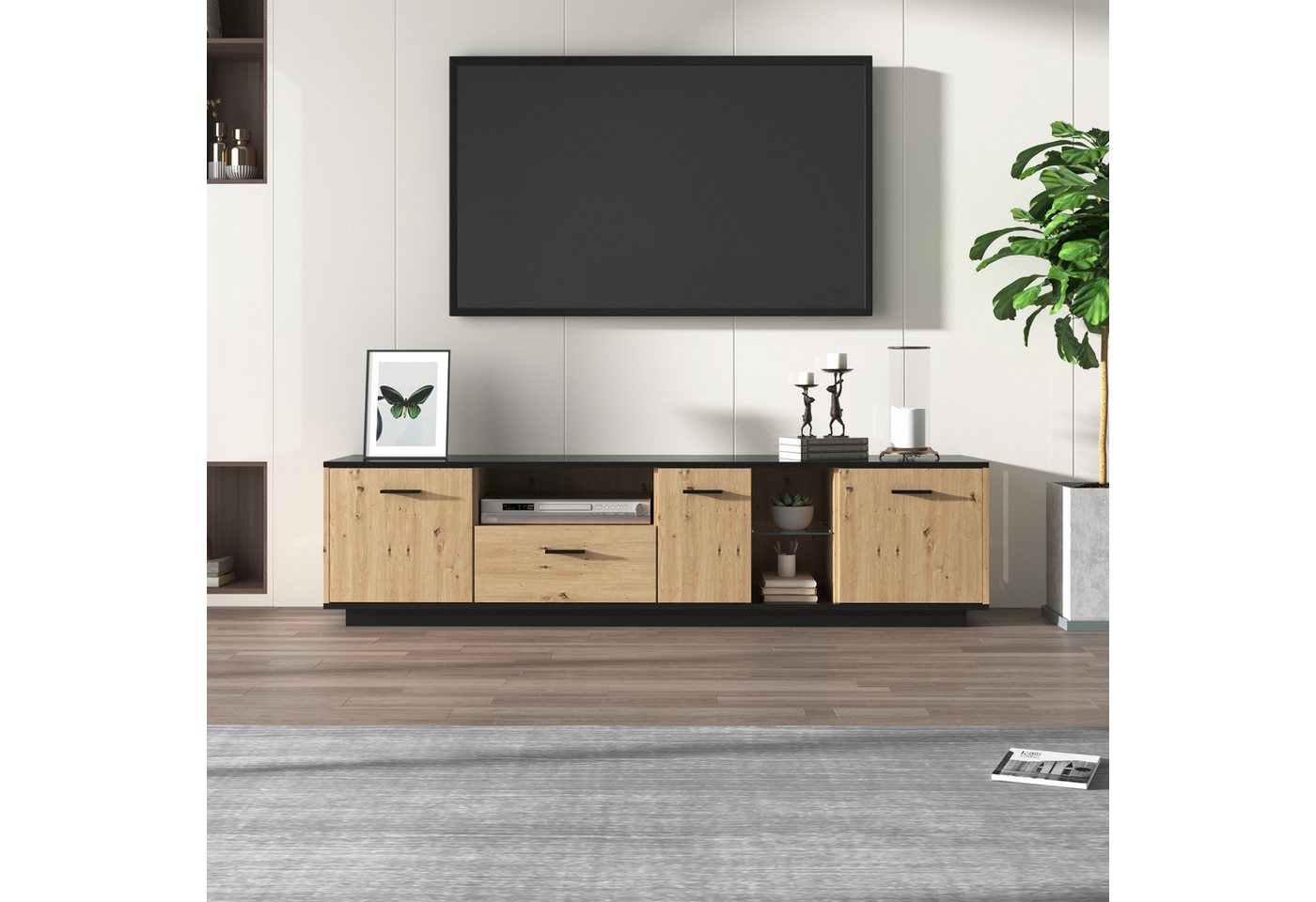 MODFU TV-Schrank Mit einer Schublade,drei Türen, zwei offene Fächer mit Glas TV-Möbel (180 L x 40 B x 45 H(cm) Schwarze und natürliche Holzfarben, 15 variable LED-Leuchten. von MODFU