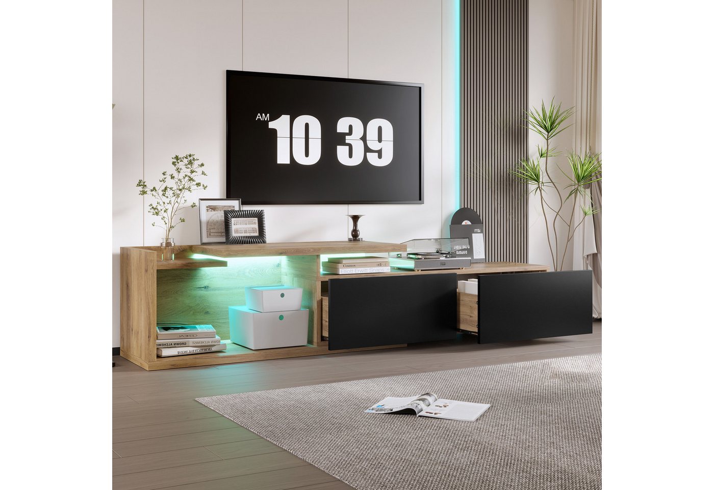 MODFU TV-Schrank Modularer Lowboard (mit LED-Licht & verschiebbarem Modul, Ausziehbar bis 2m, Fernsehkommode) von MODFU
