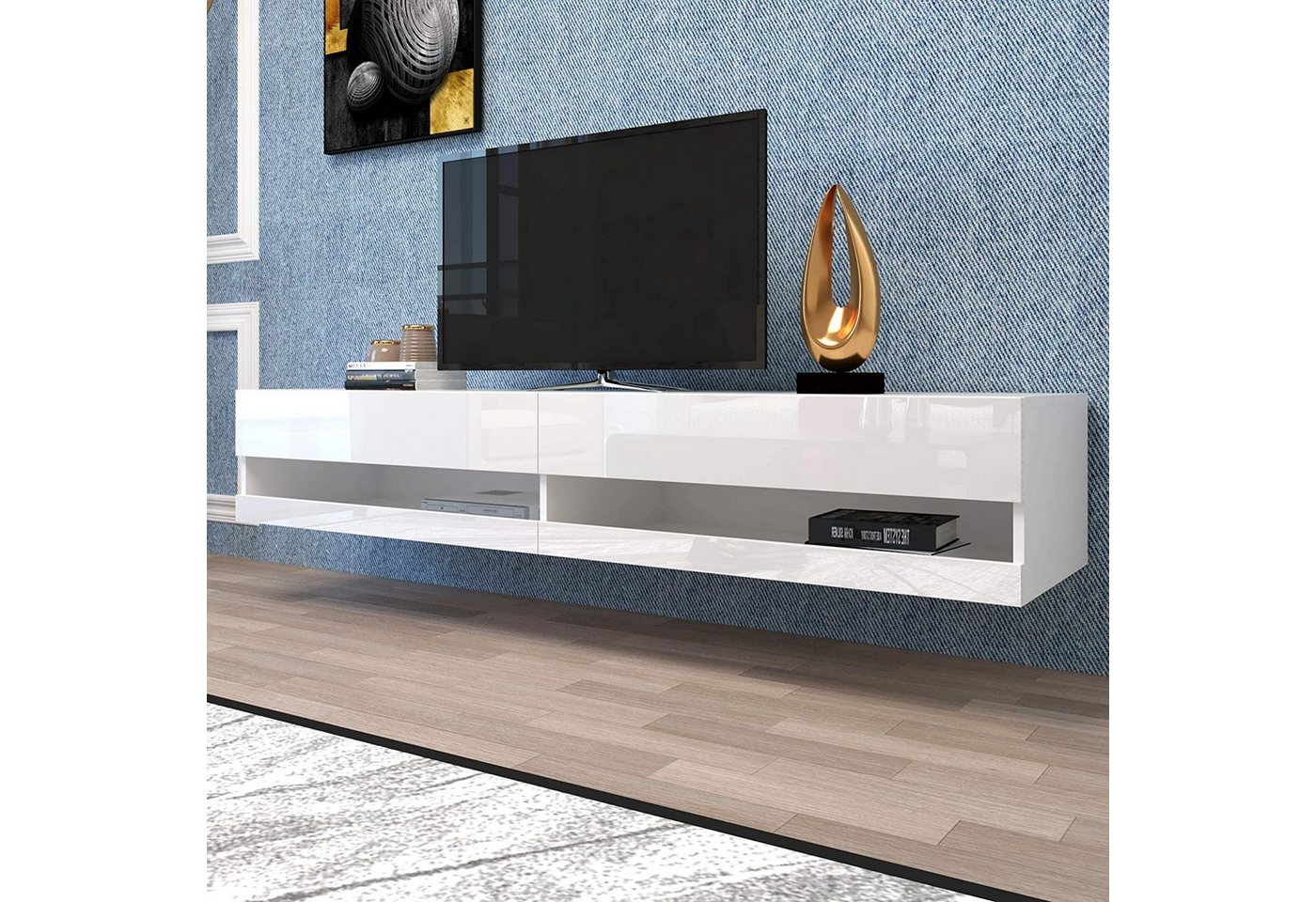 MODFU TV-Schrank TV-Lowboard (mit LED-Beleuchtung, hochwertiges TV-Board, mit viel Stauraum) für Ihr Wohnzimmer 140x40x30.5cm von MODFU