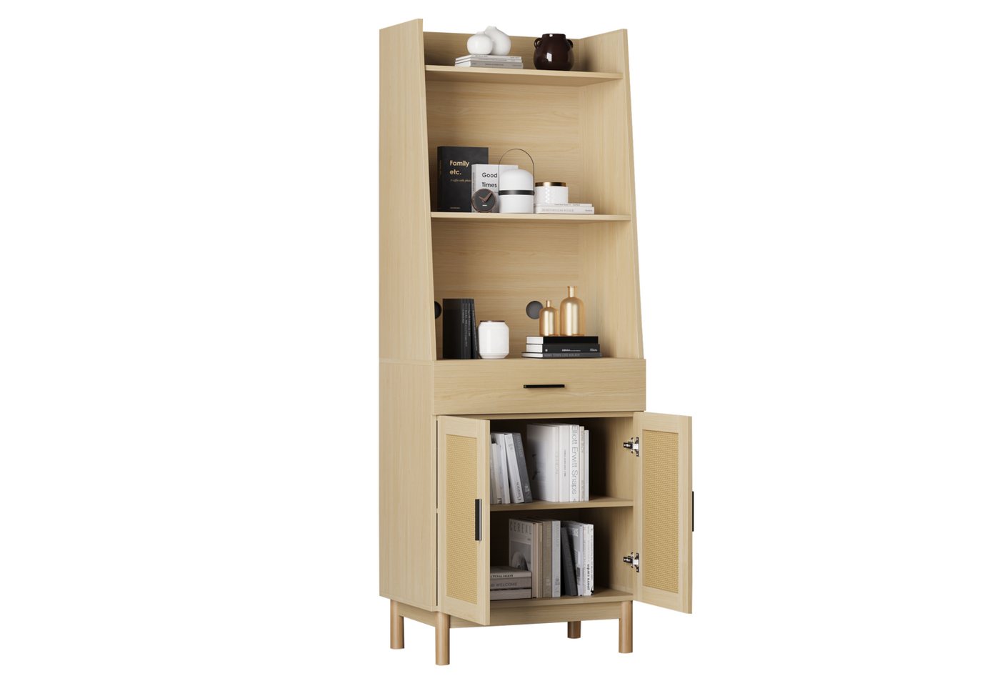 MODFU Vitrine Highboard mit Türen und Schubladen (2 Rattantüren, 1 Schublade, 3 offene Stauräume) Eichenschrank, 60*38.5*180.5 cm von MODFU