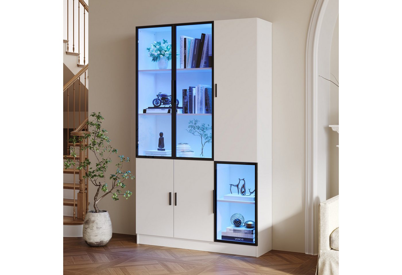 MODFU Vitrine LED-Vitrine mit 3 Glastüren & 4 Schränken (Hochschrank, Aktenschrank, 1-St., Glasvitrine mit Aluminiumrahmen) Robuste Spanplatten-Vitrine von MODFU