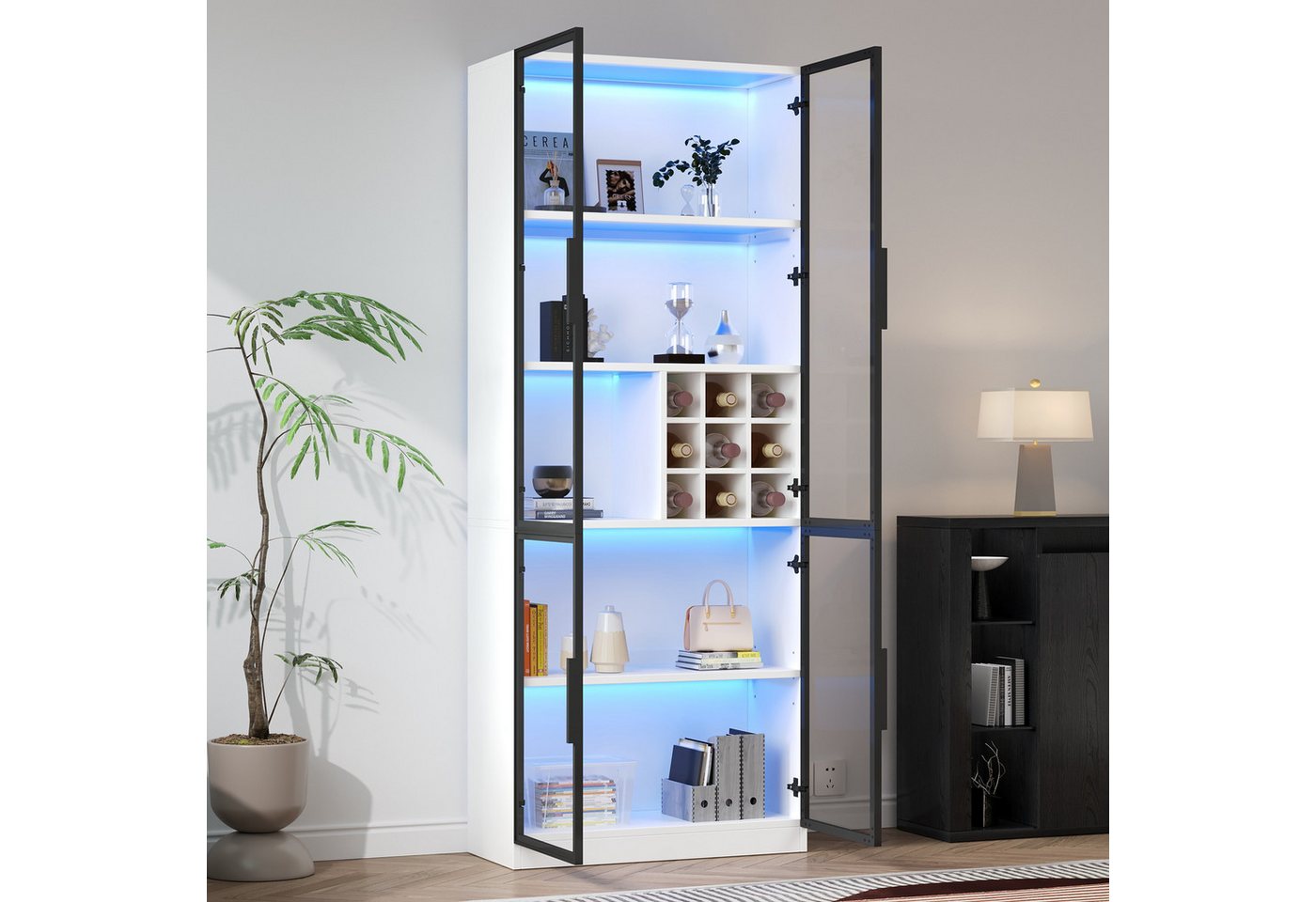 MODFU Vitrine Vitrine (Bücherschrank, Sideboard, Glasvitrine, 1-St., 80*35*200cm) Weinschrank, Glasregal mit Glastüren, LED von MODFU