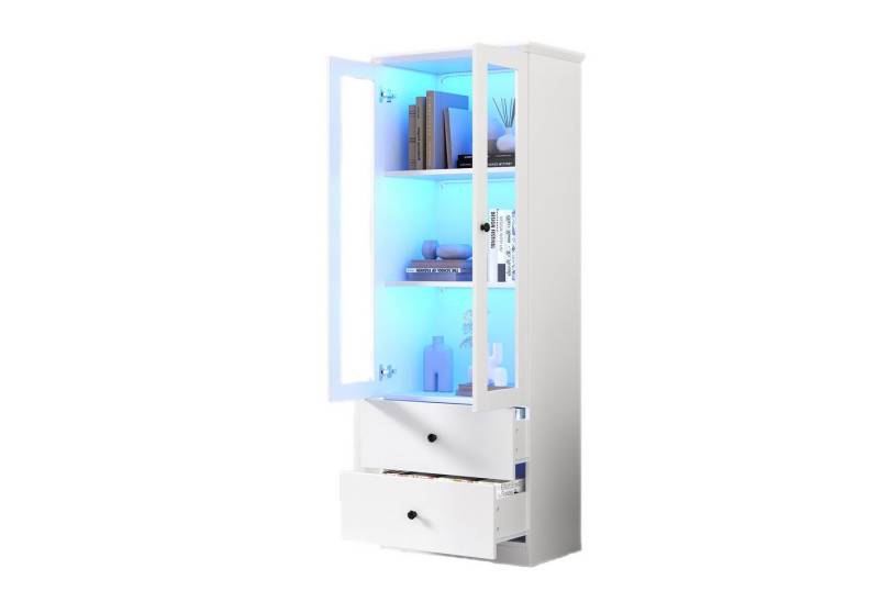 MODFU Vitrine mit LED-Beleuchtung, 16 Farben (Hochschrank, Lagerschrank, Highboard, Lagerschränke, 1-St., 2 Türen, 2 Schubladen) mit USB-Anschluss, verstellbaren Fachböden, Flügeltüren von MODFU