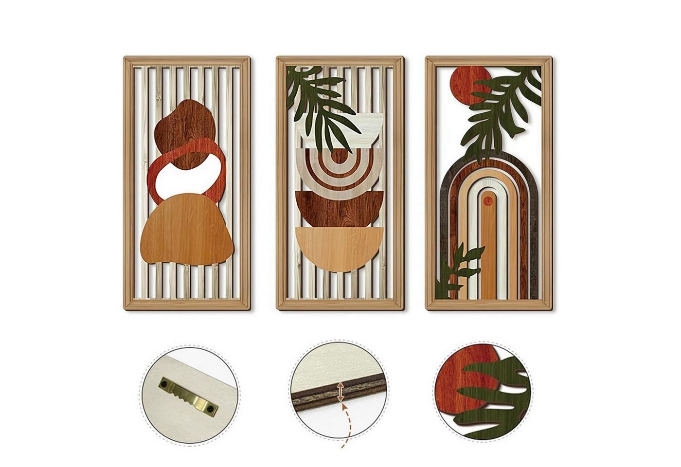 MODFU Wanddekoobjekt Boho Wandbilder 3er Set moderne Wandkunst 30x15 cm (aus MDF, geometrische Formen, abstrakte Motive, warme Erdtöne, 3 St., 3D-Effekt Wandgestaltung), Dekoration für Wohnzimmer Schlafzimmer Esszimmer Büro Flur von MODFU