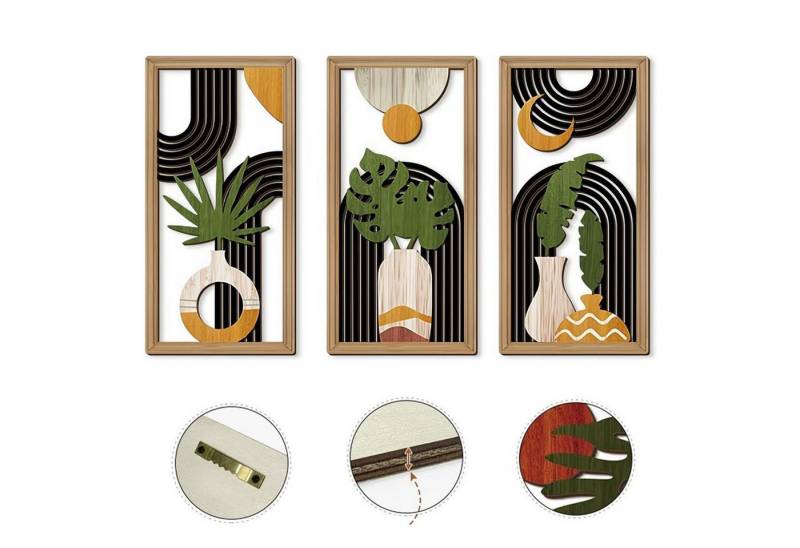 MODFU Wanddekoobjekt Boho Wandbilder 3er Set moderne Wandkunst 30x15 cm (aus MDF, geometrische Formen, abstrakte Motive, warme Erdtöne, 3 St., 3D-Effekt Wandgestaltung), Dekoration für Wohnzimmer Schlafzimmer Esszimmer Büro Flur von MODFU