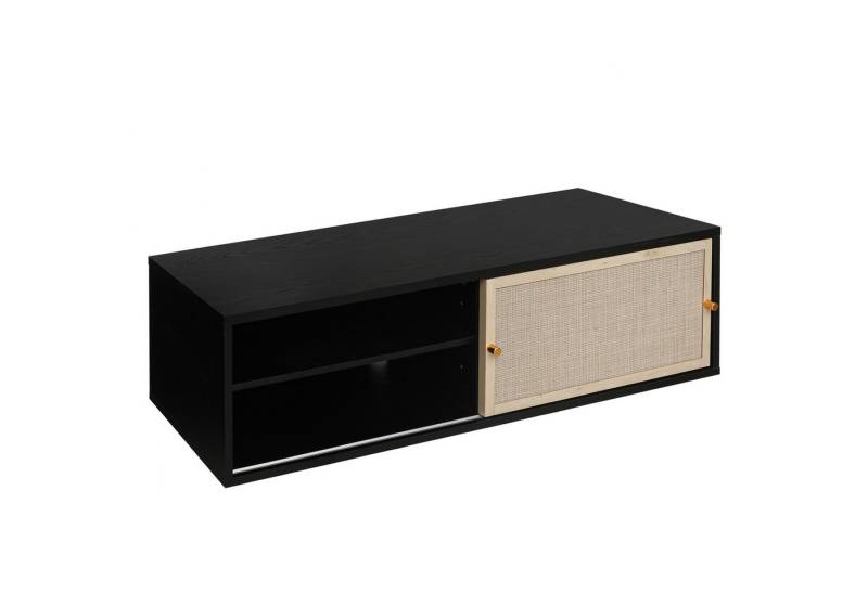 MODFU Wandhängeschrank Rechteckiger Wandschrank,mit Schiebetüren nach links und rechts., Schwarzer Wandschrank mit Schiebetüren und Rattangeflecht. von MODFU