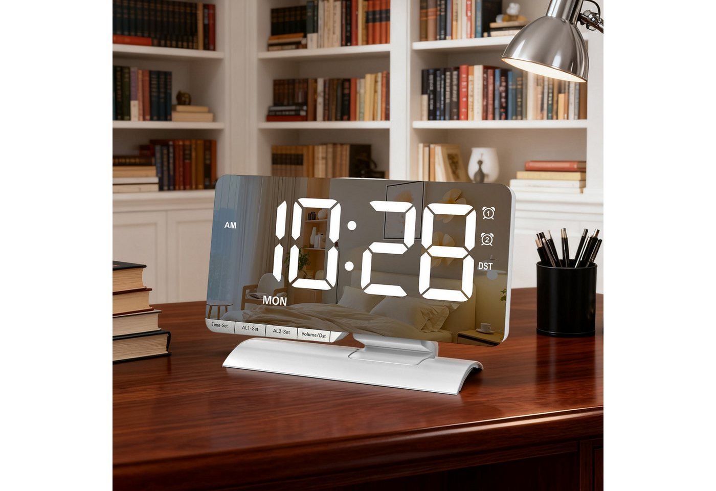 MODFU Wanduhr Projektionswecker digitale Tischuhr Multifunktionsuhr Alarmuhr (6-fach dimmbar 2 separate Weckzeiten Snooze Lautstärke einstellbar) von MODFU