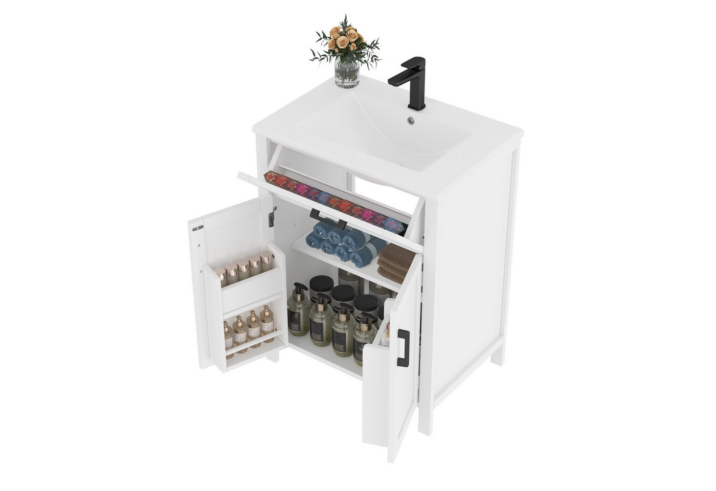 MODFU Waschbeckenschrank Bodenstehender Badezimmerschrank mit Waschbecken (Freistehender Badezimmerschrank mit Integriertem Keramikwaschbecken, Doppeltürregalen, Umkehrbarer Schublade) mit Waschbecken von MODFU