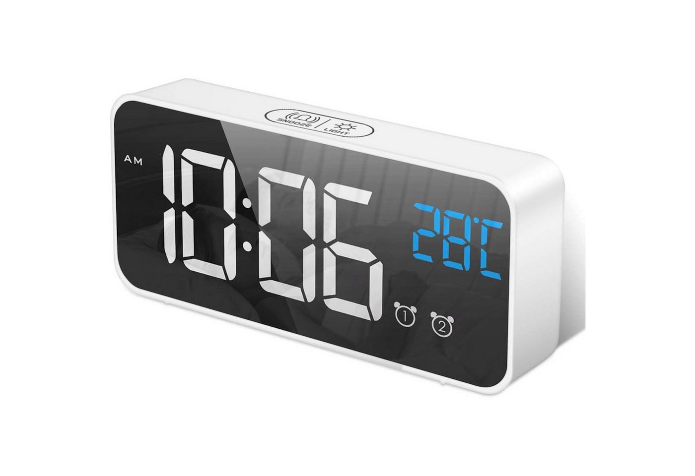MODFU Wecker Digital Spiegel Wecker LED Spiegelwecker Digitalwecker 5,5" mit Akku Alarmer Weckuhr mit Dual-Alarm Temperatur 12/24H USB-Anschluss von MODFU