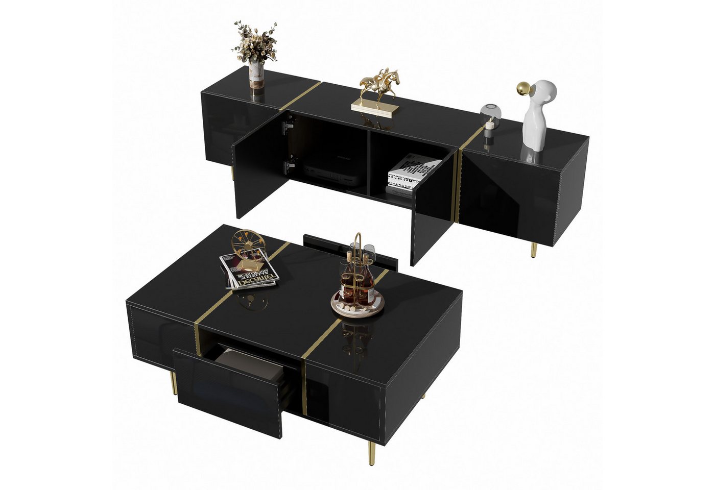 MODFU Wohnzimmer-Set Couchtisch + TV-Schrank, (Wohnwand, TV-Wandkombination, Wohnzimmer-Wandkombination, 2-St., 170*35*46 cm+ 100*60*41,5 cm), mit Hochglanz-Oberfläche, Dämpfungsscharniere von MODFU