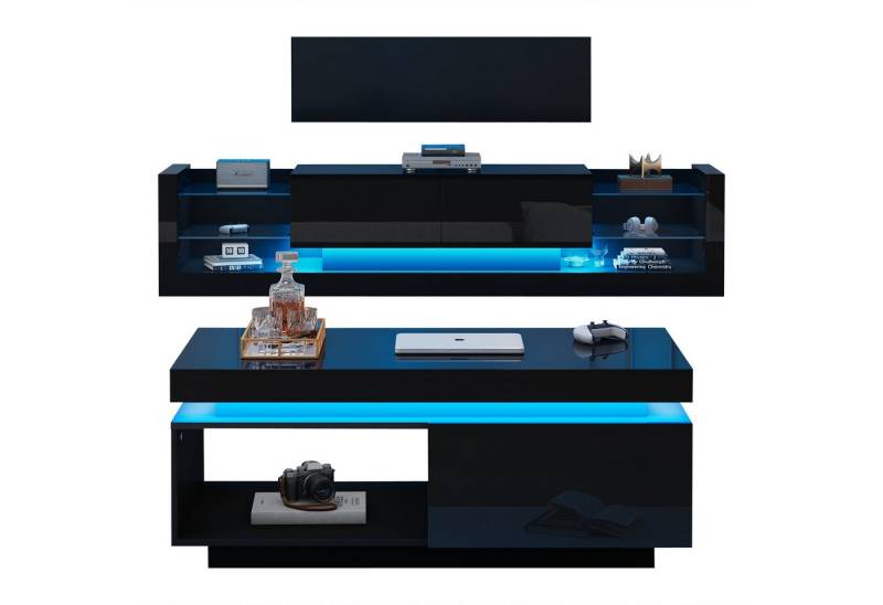 MODFU Wohnzimmer-Set Hochglanz TV-Schrank + Couchtisch, (Wohnzimmer-Wand-Set, 2-St., 100x50x40cm Couchtisch, 181*38*38cm TV-Schrank), mit LED-Beleuchtung von MODFU