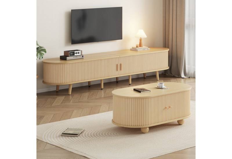 MODFU Wohnzimmer-Set TV-Schrank & Couchtisch Set, (ovale Kombination in Originalholzfarbe, Fernsehtisch, TV-Ständer, 1-St., zentrale Doppelschublade, natürliche Textur), mit Beidseitig geschwungene, vertikal geprägte Schiebetür von MODFU
