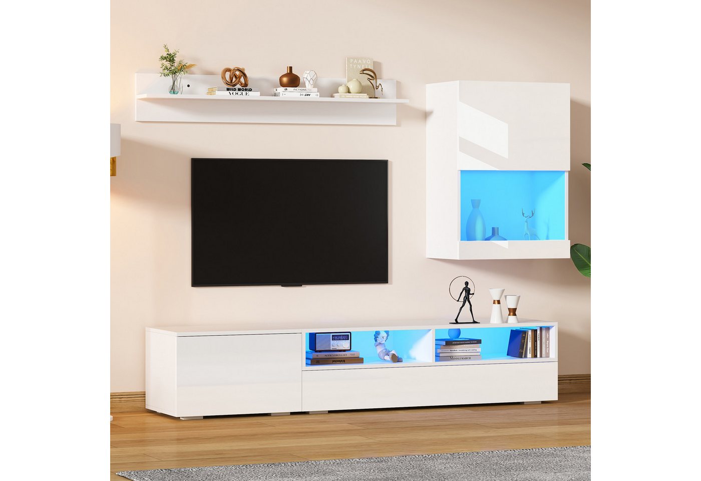MODFU Wohnzimmer-Set mit LED-Beleuchtung – TV-Schrank, (Wohnwand-set, Wohnzimmermöbel, 3-St., Soft-Close Scharnieren,175 x 39 x 34 cm), mit LED-Licht – 2 Schränke von MODFU