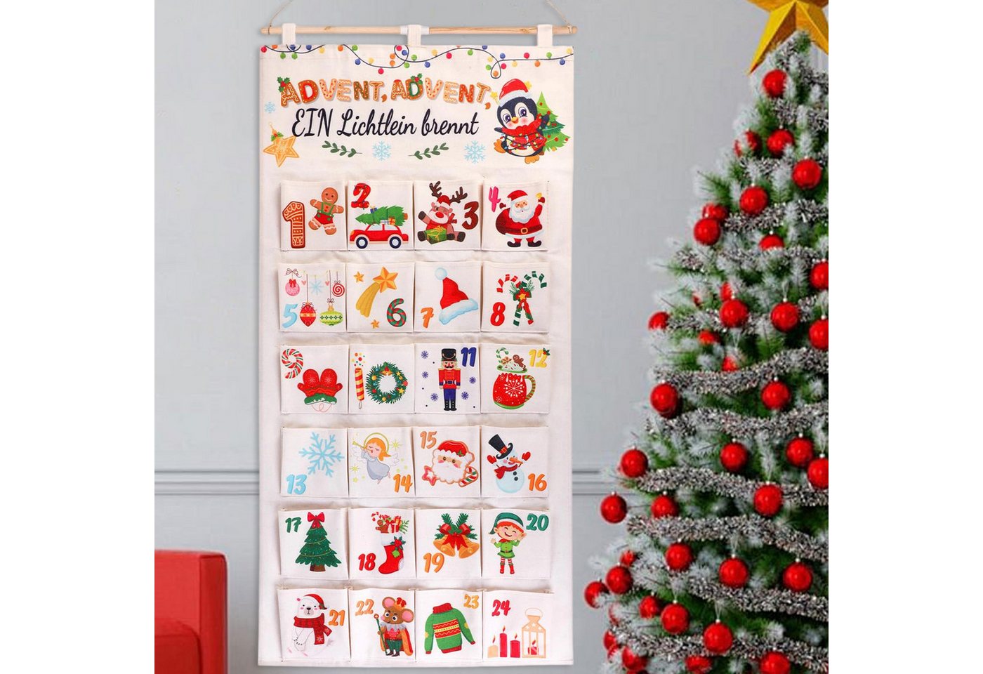 MODFU befüllbarer Adventskalender Stoff Wandkalender Weihnachten Selbstbefüllbarer Adventskalender Wand (Weihnachtsdekoration mit Aufhängeseil für Wand Tür oder Kamin geeignet, 1-tlg), mit 24 nummerierten Beuteln Viel Platz für Süßigkeiten Mini-Geschenke von MODFU