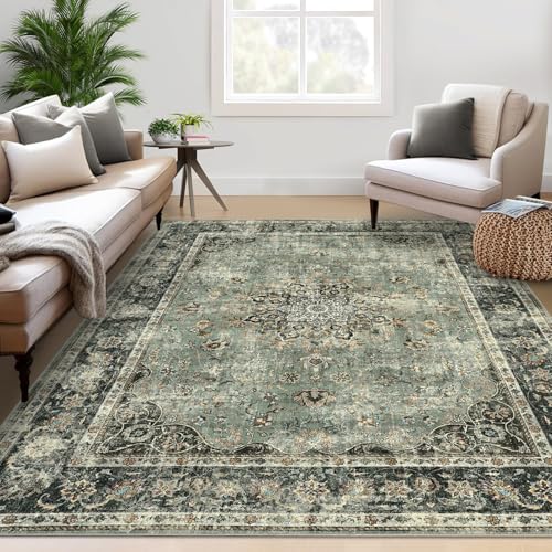 MODIURBAN Teppich 200x290cm Waschbarerteppich für Wohnzimmer Retro Rugs for Living Room Altgrün Weich rutschfest Groß Teppich Vintage Kurzflor Schlafzimmer Teppiche für Esszimmer Büro Deko von MODIURBAN