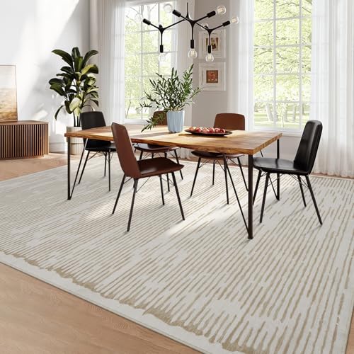 MODIURBAN Teppich Wohnzimmer 200x290cm Schlafzimmer Kurzflor Waschbar Teppiche Einfarbiges Minimalistische Linien Muster Flauschig Weich rutschfest Teppich Moderne Büro Home Deko, Beige von MODIURBAN