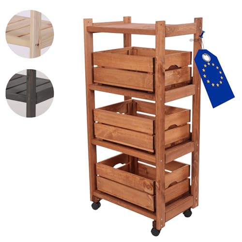 MODO24 Gemüseregal, Kistenregal mit 4 Ebenen, Holzregal, Rollenregal, Küchenregal, Regal für Obst, Abmessungen 102x48x34cm, Braun von MODO24