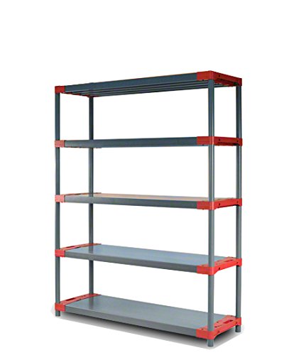 MODO24 Plastikregal Kunststoff- Steckregal Werkstatt- Kellerregal Höhe 180 cm Jupiter-5 (150 cm, Rot) von MODO24