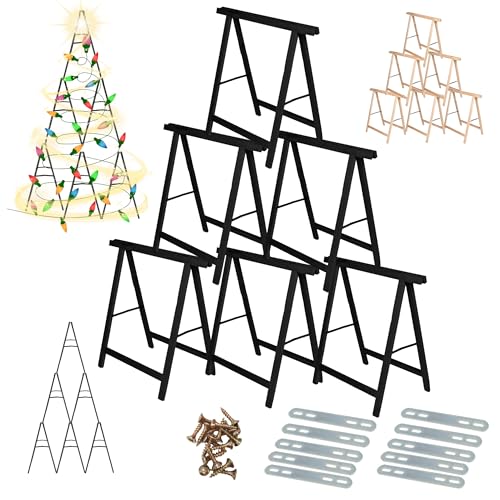 MODO24 Sägebock Holzbock, Klappbock Arbeitsbock, 6er-Set inklusive Montageteile, DIY Weihnachtsbaum, Tannenbaum SET, Tapezierbock Montagebock Unterstellbock, Baum Abmessungen 215x130x73 cm, Schwarz von MODO24