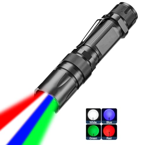 MODOAO 4 in 1 LED Taschenlampe Superhelle, Zoombare Jagd Taschenlampe mit Rot Grün Blau Weiß Licht, 5 Modi Wasserdicht Leistungsstarke Handlampen, Outdoor Straßensignal Taschenlampe, für Tägliche von MODOAO