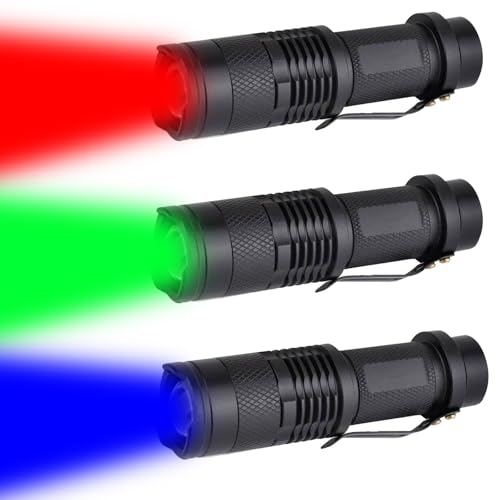 MODOAO Red Blue Green LED Flashlight 3 Pack Zoomable Waterproof 3 Lighting Modes Adjustable Spotlight for Camping, Hunting, Hiking, Night Vision, Night Fishing, Astronomy and Emergencies (Black Case) von MODOAO