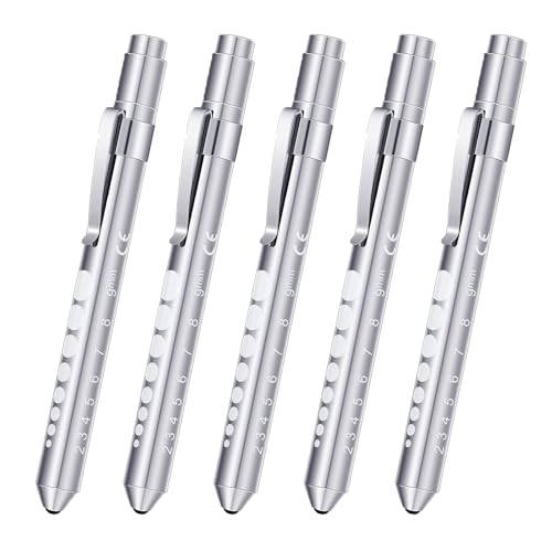 MODOAO Stiftlicht, 5 Stück, silberfarben, wiederverwendbar, LED-weißes Licht mit Pupillenlehre und Lineal, medizinische LED-Taschenlampe für Krankenpflege, Ärzte, Studenten von MODOAO
