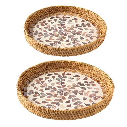2-teiliges Rundes Rattan-Tablett mit Perlmutteinlage, Rundes Dekoratives Rattan-Serviertablett, Rattan-Serviertablett mit Holzsockel, Aufbewahrung und Präsentation von Kaffee, Brot, Lebensmitteln,(E) von MODUDY