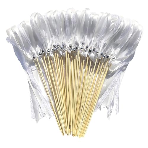 50 Stück Spitzenband-Stick, Band-Feenstäbe, Hochzeits-Luftschlangen mit Glöckchen, Band-Spitzen-Hochzeitsstab-Luftschlangen, Seiden-Feenstab mit Silbernen Glöckchen, Leuchten für Hochzeit,(Weiß) von MODUDY