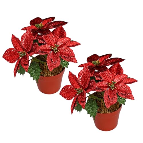 MODUDY 2 Stück Glitzernde Weihnachtsstern-Blumen, Topfpflanze, Weihnachtsstern, Buschblumenstrauß, Künstliche Weihnachtsblumen Im Topf (Rot) von MODUDY