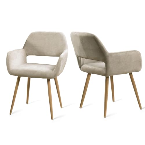 MEUBLE Cosy 2er Set Küchenstühle - Beige Stoff Gepolsterter Sessel - Skandinavischer Stil - Stabile Holzoptik Metallbeine von MÖBEL 1