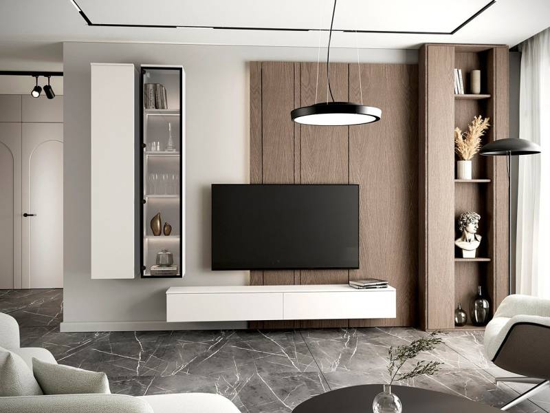 MOEBLINE Wohnwand Medienwand FIVO 1 weiß 3tlg. Vitrinen TV-Lowboard von MOEBLINE
