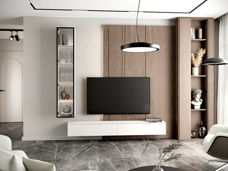 MOEBLINE Wohnwand Medienwand FIVO 2 weiß Vitrine TV-Lowboard von MOEBLINE