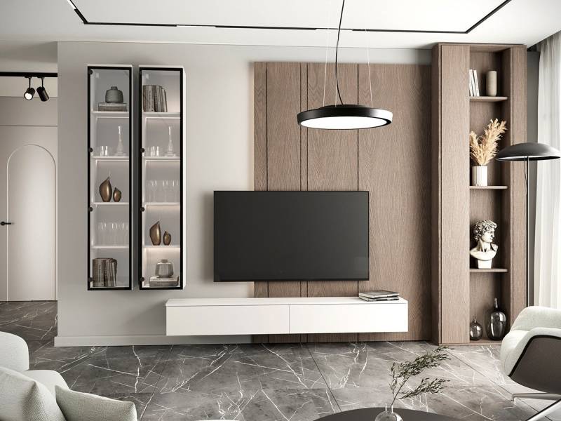MOEBLINE Wohnwand Medienwand FIVO 3 weiß Vitrinen TV-Lowboard von MOEBLINE