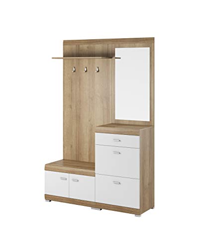 Garderobe Flurgarderobe Schrank Kompaktgarderobe Dielenschrank Wandschrank Regal Möbel Diele & Flur Kleiderschrank, Schuhschrank, Spiegel, Mirella Eiche Riviera/Weiß von MOEBLO